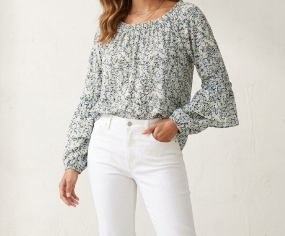 Lauren Ralph Lauren Smocked Neck Floral Blouse Blue White Yellow Medium
